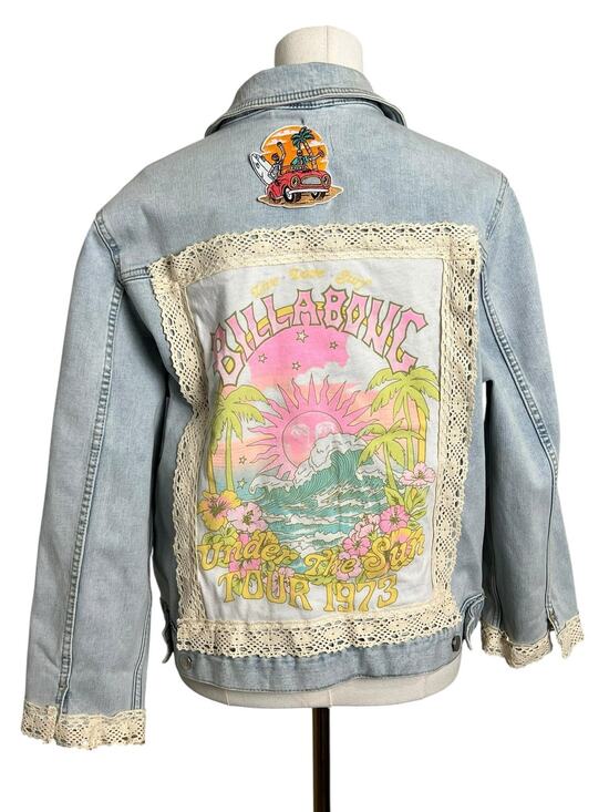 NA Jackets & Blazers - OOAK Upcycled Billabong Denim Jacket Womens XL Surf Boho Lace Patchwork